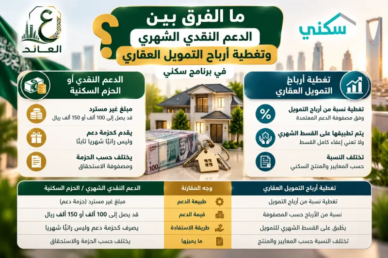 ما الفرق بين الدعم النقدي الشهري وتغطية أرباح التمويل العقاري في برنامج سكني؟